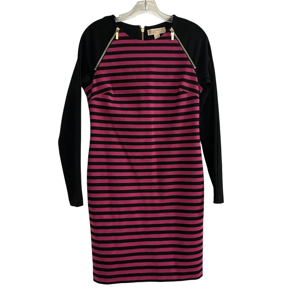 Michael Kors Striped Black Pink‎ Long Sleeve Zipper Detail Dress Size 4